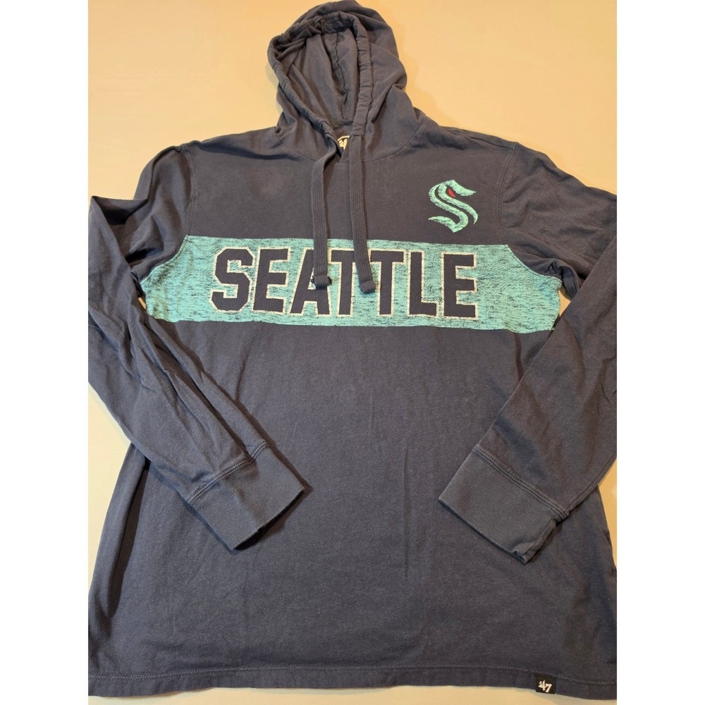 47 Brand Seattle Kraken NHL Mens Navy Blue Long‎ Sleeve Hooded T-Shirt Size M